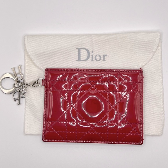 EUC 🎉 DIOR Red Patent Leather Cannage Lady Dior Logo Card Holder with Dust Bag - Picture 3 of 8